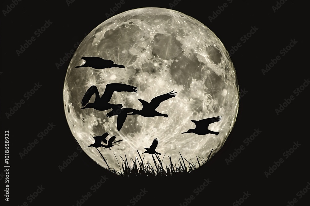 an artistic silhouette of migratory birds against a full moon an artistic silhouette of migratory birds against a full moon