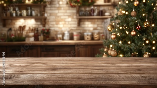 Tabletop with a blurred background of a Christmas tree and lights