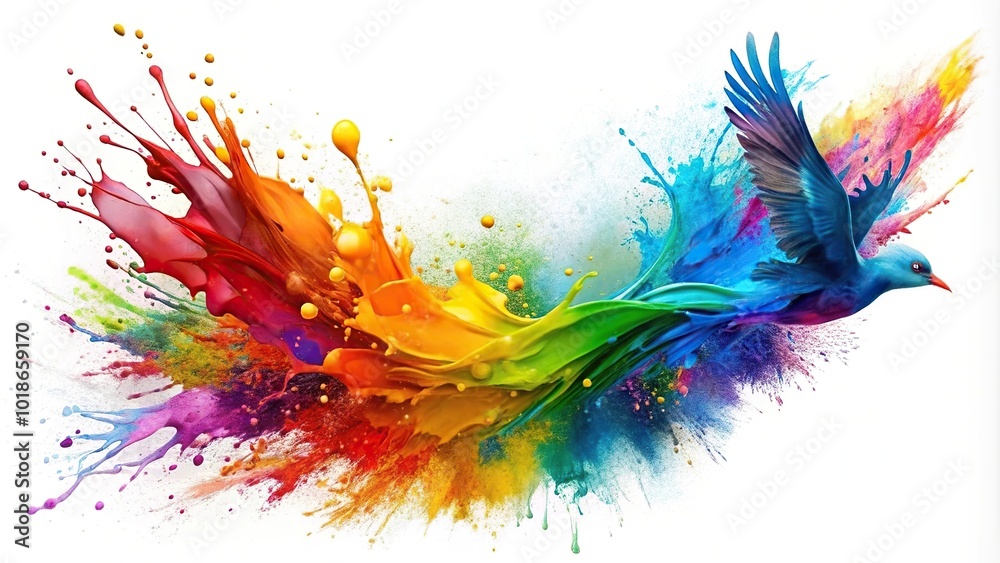 Bird Eye View Colorful Paint Splash on White Background Bird Eye View Colorful Paint Splash on White Background