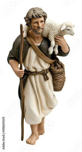 Traditional Santon Figurine of Shepherd Carrying Lamb Isolated on Transparent Background