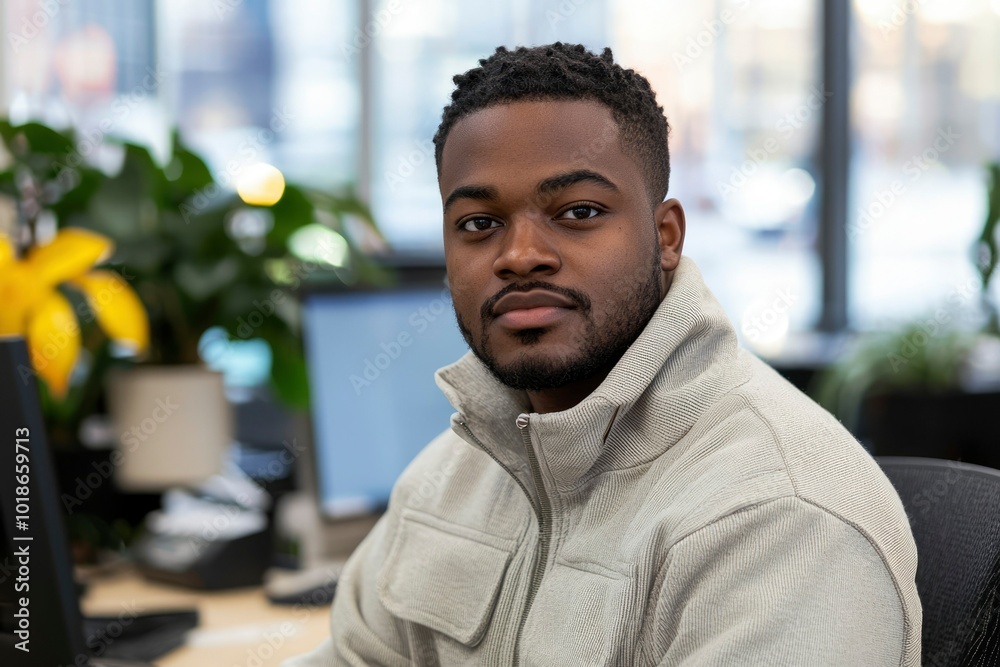 Fototapeta premium Close-up Portrait of a Black Man in a Grey Jacket