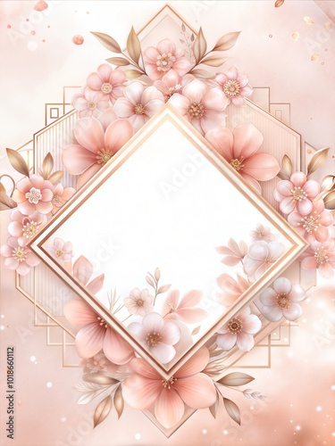 Beautiful floral card background with pink flowers and geometric frame design