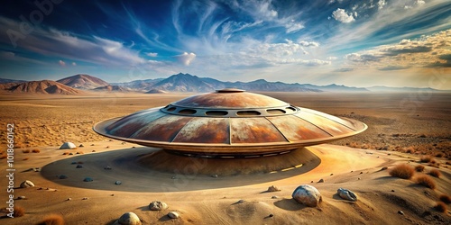 Bird eye view of a retrofuturism desert landscape with a stranded rusted flying saucer photo