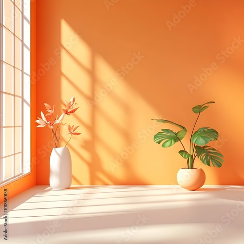 Bright and airy 3D product studio space featuring an orange gradient backdrop clean empty floor and wall setting subtle shadow detail from natural window lighting photo