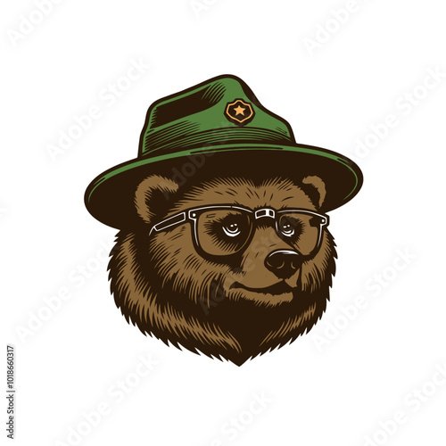 Californian bear with glasses in the ranger hat. Hand drawn vector illustration.	