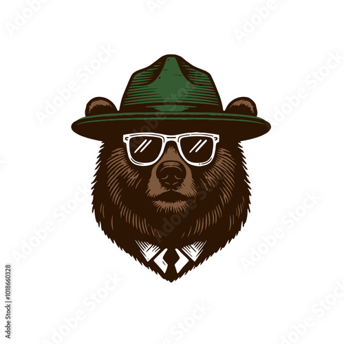 Californian bear with glasses in the ranger hat. Hand drawn vector illustration.	