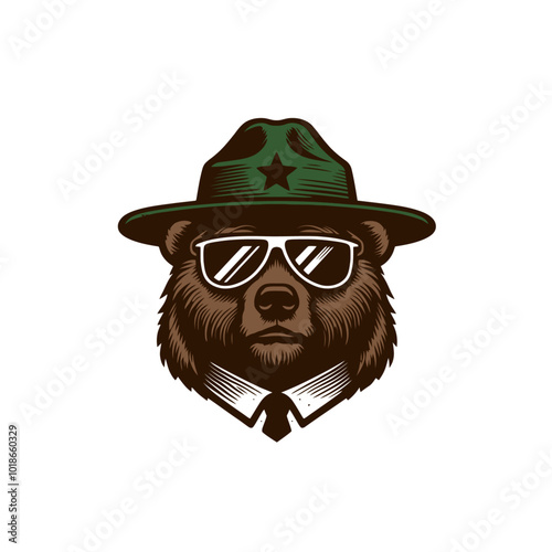 Californian bear with glasses in the ranger hat. Hand drawn vector illustration.	