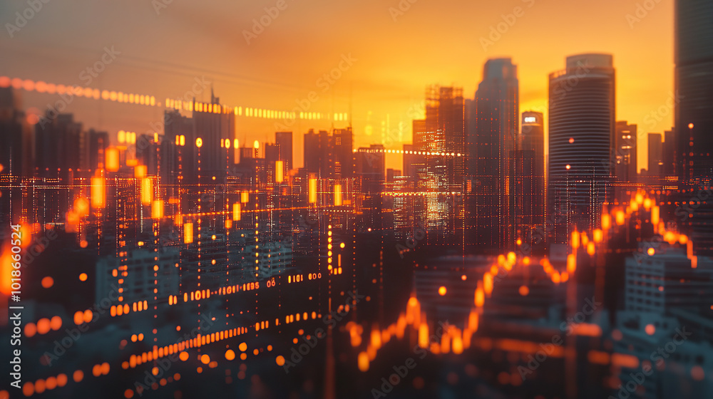 Financial cityscape with stock market trends and glowing charts at sunset Financial cityscape with stock market trends and glowing charts at sunset