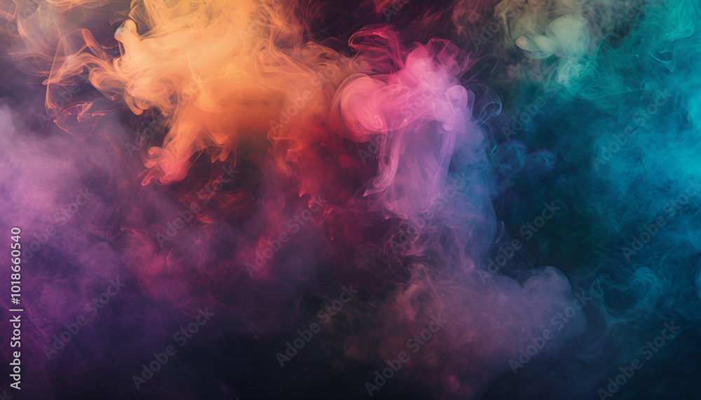 Texture overlay with a misty fog effect containing colorful smoke on a black background. Texture overlay with a misty fog effect containing colorful smoke on a black background.