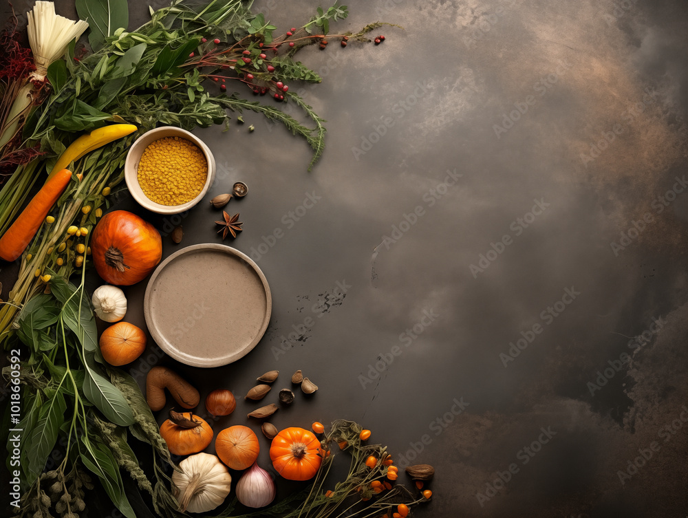 Flat lay composition of autumn harvest pottery and copy space. Rustic stoneware with fall decor. Background with pumpkins and herbs. Wabi sabi pottery inspiration. Food blog concept Flat lay composition of autumn harvest pottery and copy space. Rustic stoneware with fall decor. Background with pumpkins and herbs. Wabi sabi pottery inspiration. Food blog concept
