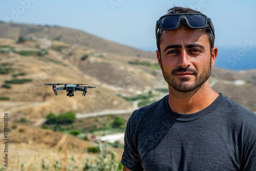 Man with Beard Wearing Sunglasses Looking at Drone Flying Over Hills photo