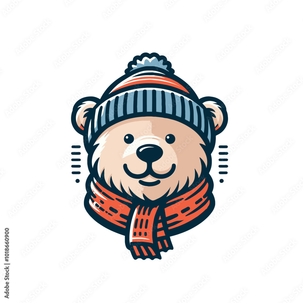 Cool cartoon funny bear in beanie and scarf. Winter Positive vibes. Isolated vector illustration Cool cartoon funny bear in beanie and scarf. Winter Positive vibes. Isolated vector illustration