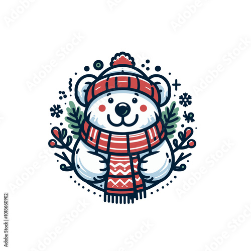 Cool cartoon funny bear in beanie and scarf. Winter Positive vibes. Isolated vector illustration