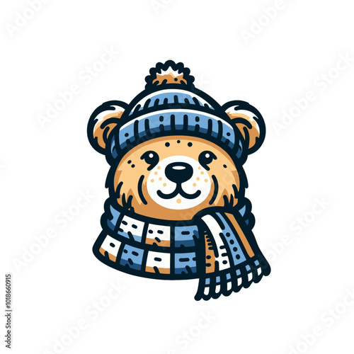 Cool cartoon funny bear in beanie and scarf. Winter Positive vibes. Isolated vector illustration