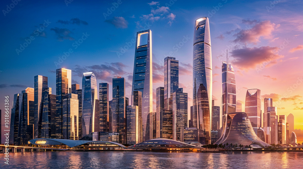 Futuristic City Skyline at Sunset with Glowing Skyscrapers and Modern Architecture Futuristic City Skyline at Sunset with Glowing Skyscrapers and Modern Architecture