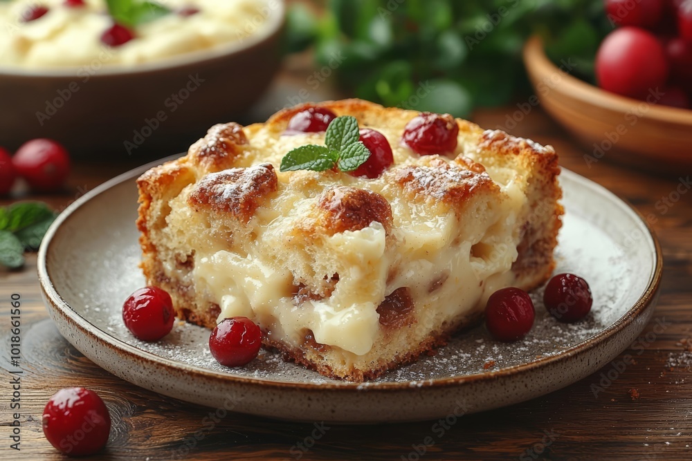 Plate with piece of baked bread pudding on wooden table , free space text, copy space, copy space for text, Plate with piece of baked bread pudding on wooden table , free space text, copy space, copy space for text,