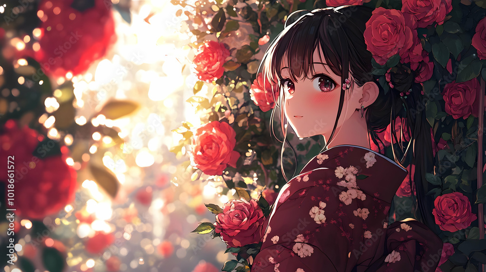 Fototapeta premium Anime Girl in Red Kimono Standing in Rose Garden with Flowers in Bloom, Sunlight, Beautiful Scene with Blurred Background