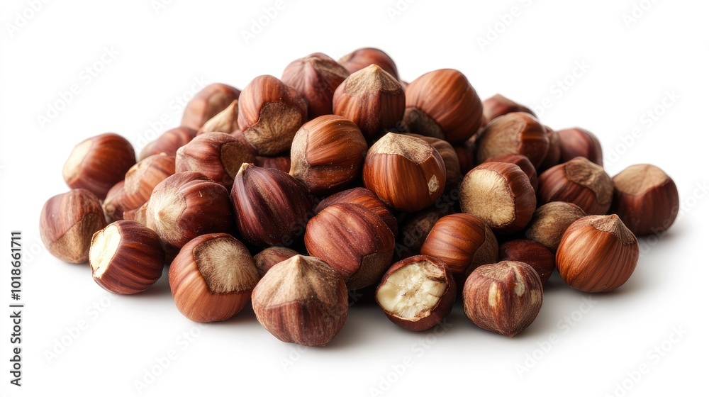 A pile of fresh hazelnuts with their smooth, brown shells, scattered neatly on a clean white background. A pile of fresh hazelnuts with their smooth, brown shells, scattered neatly on a clean white background.