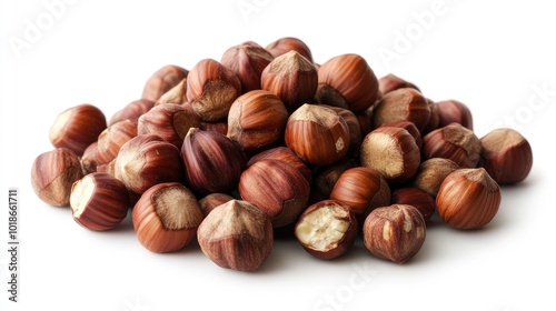 A pile of fresh hazelnuts with their smooth, brown shells, scattered neatly on a clean white background.