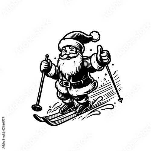 santa skiing. monochrome isolated vector illustration