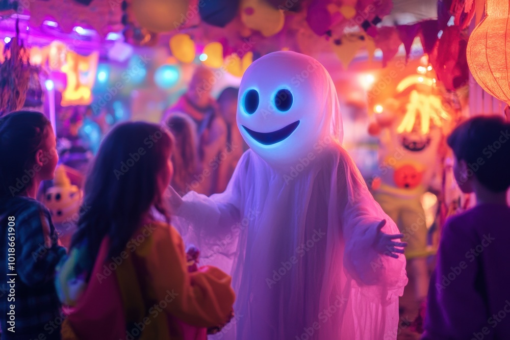 A joyful ghost spreads cheer at a vibrant, colorful festival A joyful ghost spreads cheer at a vibrant, colorful festival