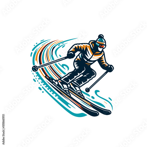 skier isolated vector illustration. Snow riding vacation. Ski resort logo element winter active sports modern design