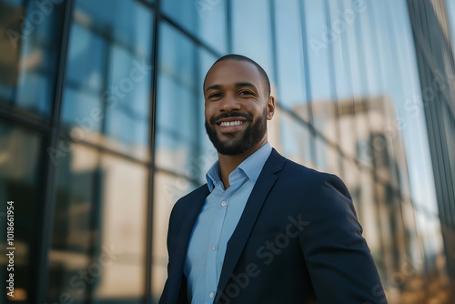 A confident businessman in professional attire, standing in front of a modern office building with a smile