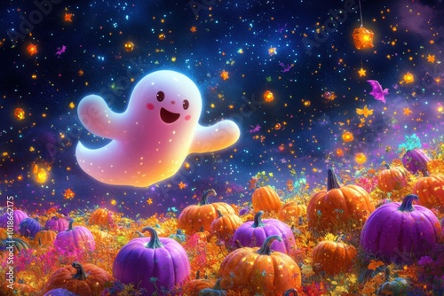 A cheerful pink ghost glides over a vibrant pumpkin patch during Halloween night