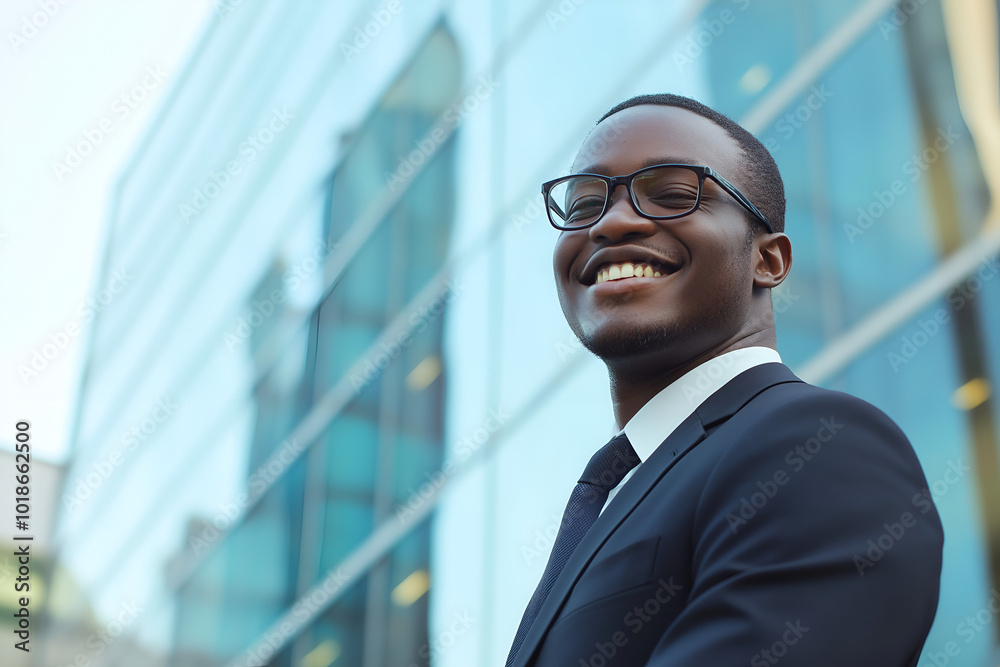 A confident businessman in professional attire, standing in front of a modern office building with a smile A confident businessman in professional attire, standing in front of a modern office building with a smile
