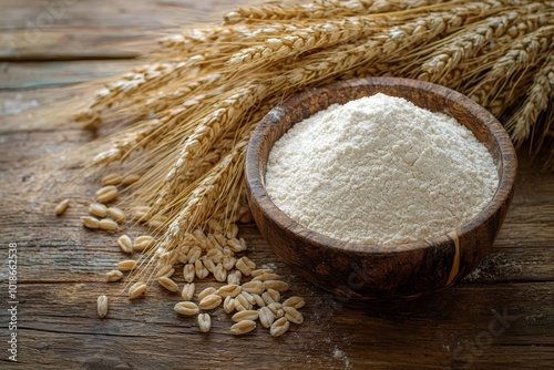 Sieve and bowl with wheat flour on wooden background  , free space text, copy space, copy space for text, photo