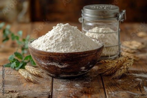 Sieve and bowl with wheat flour on wooden background  , free space text, copy space, copy space for text, photo