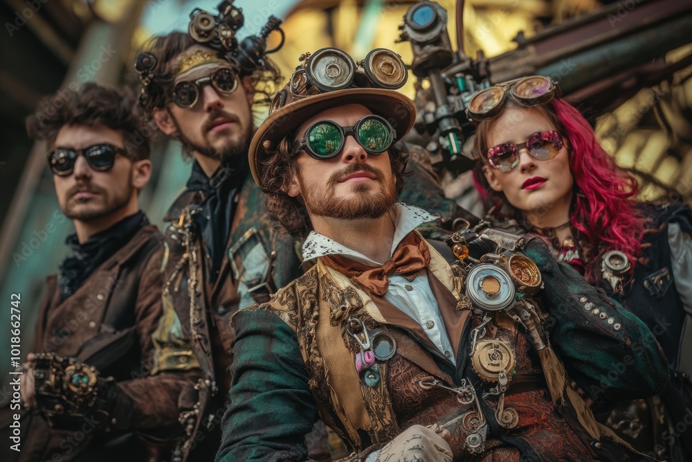 Friends in elaborate steampunk attire enjoying a unique gathering at an urban venue Friends in elaborate steampunk attire enjoying a unique gathering at an urban venue