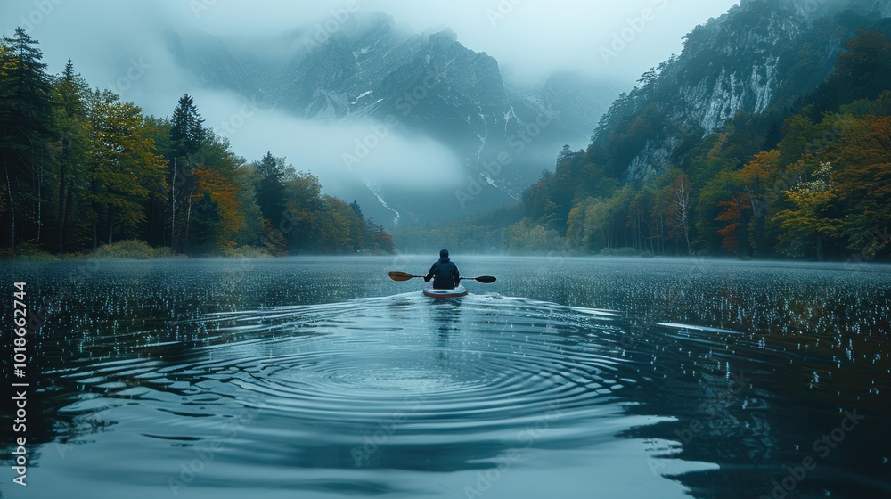 Fototapeta premium A lone SUP boarder paddling through gentle rain on a quiet lake. The raindrops create ripples around the board, with gray skies in the background. 