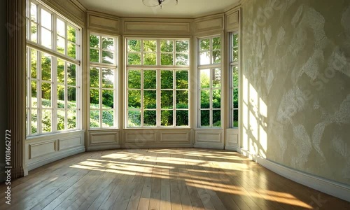 Spacious Room with Large Windows and Sunbeams