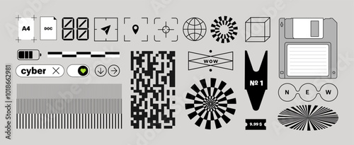 Retro Futuristic stickers. Simple shapes, geometric pixel print. Concept Elements. Brutalist style. Floppy disk. Minimalism aesthetic for web page, poster, brochure. borders, buttons, Cyber aesthetic