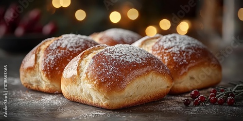 Three rolls of bread with powdered sugar on top. , free space text, copy space, copy space for text,