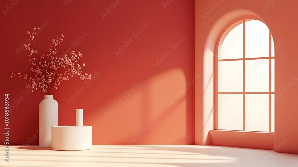 Sleek and modern 3D studio room with a maroon backdrop an empty floor and wall and an illuminated product podium The scene features a dramatic shadow overlay from the window Sleek and modern 3D studio room with a maroon backdrop an empty floor and wall and an illuminated product podium The scene features a dramatic shadow overlay from the window