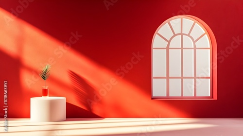 3D rendering of a studio room with a maroon background an empty floor and wall a product podium and a shadow overlay from the window onto the countertop  This clean modern