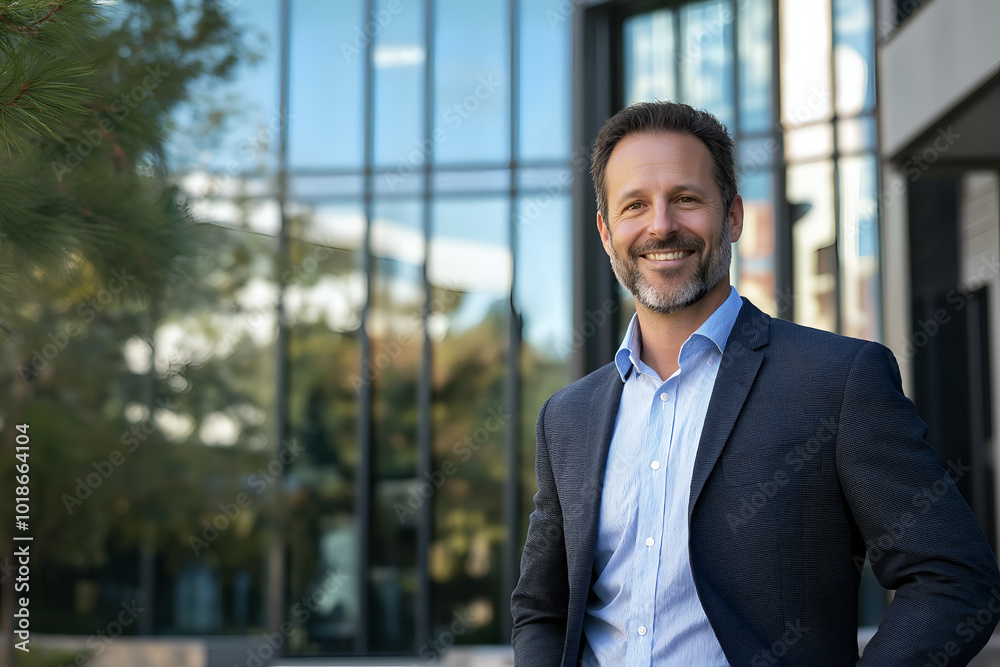 A confident businessman in professional attire, standing in front of a modern office building with a smile A confident businessman in professional attire, standing in front of a modern office building with a smile