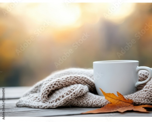 Cozy autumn morning with a warm cup of coffee, knitted blanket, and fallen leaves on a wooden table, inviting tranquility and comfort.