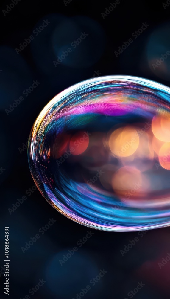 Vibrant close-up of a colorful bubble with reflections against a dark background, showcasing beauty and fragility with stunning light effects. Vibrant close-up of a colorful bubble with reflections against a dark background, showcasing beauty and fragility with stunning light effects.
