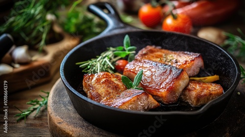 Juicy Meat Cooking in Cast Iron Skillet on Rustic Table