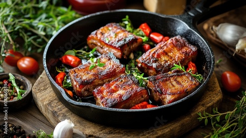 Grilled Meat in Cast Iron Pan with Fresh Herbs