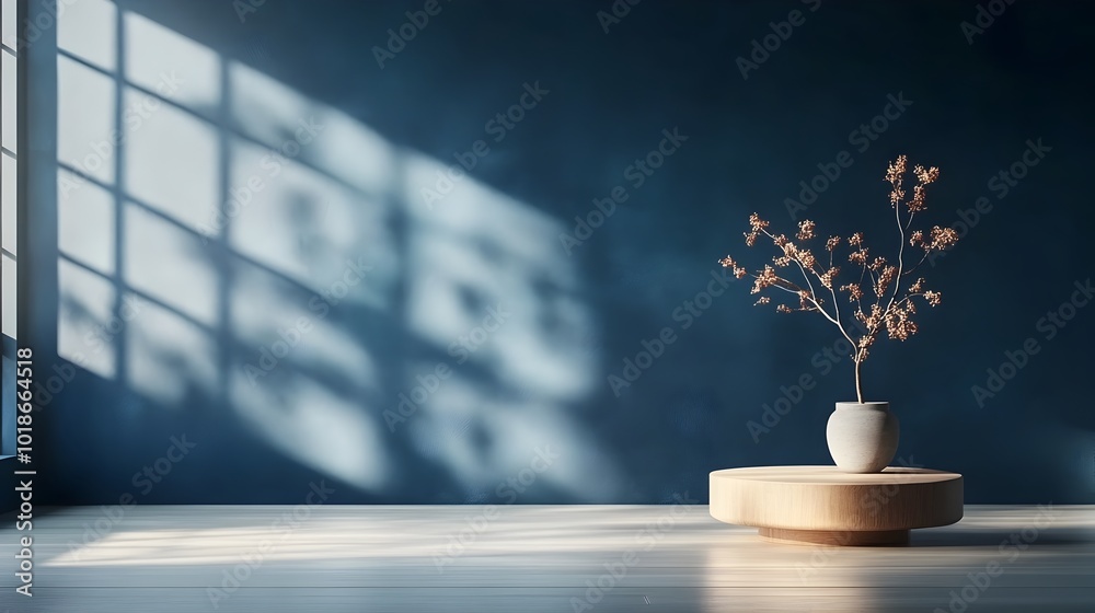 Minimalist 3D studio room with navy blue backdrop empty floor and wall a minimalist product podium shadow overlay from window and warm natural sunlight illuminating the countertop