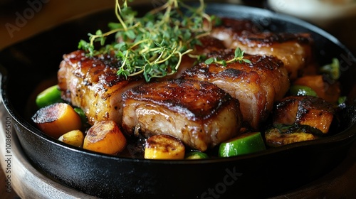 Delicious Grilled Meat with Fresh Vegetables in Skillet