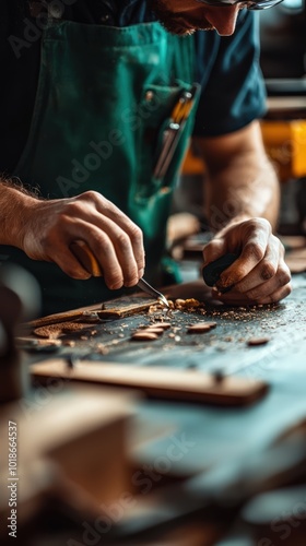 Close-up of a craftsman carving wood, showcasing skill and precision in a workshop environment. photo