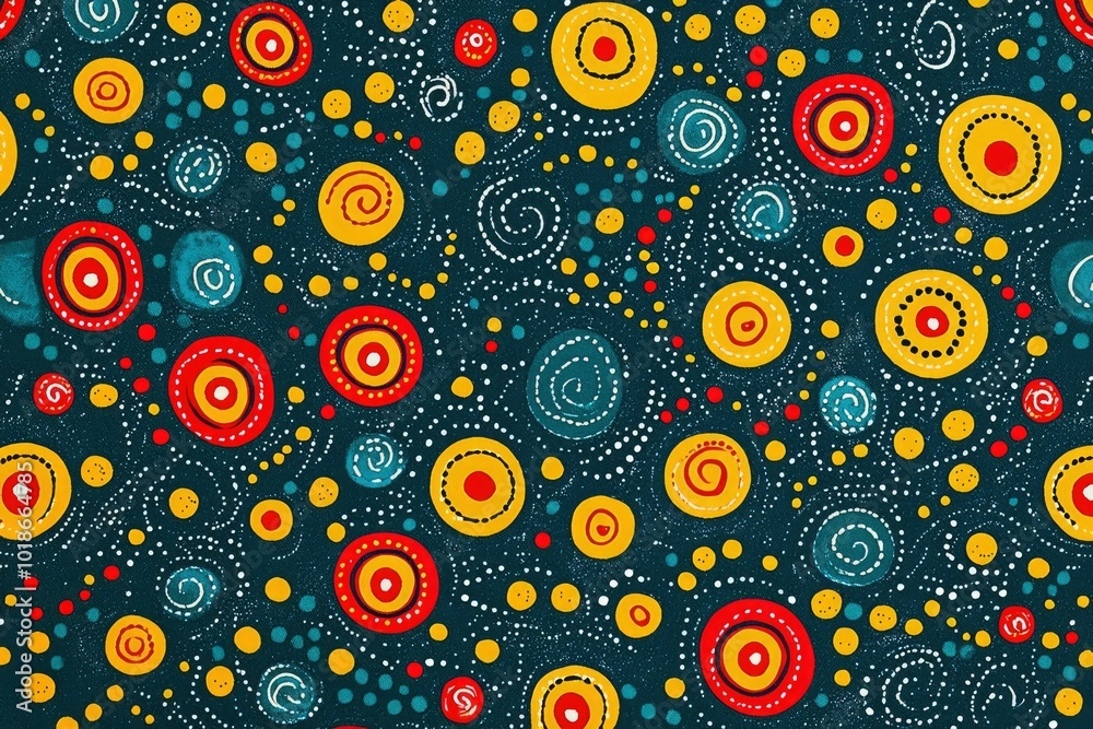 Abstract Pattern of Yellow, Red, and Blue Circles on a Dark Blue Background Abstract Pattern of Yellow, Red, and Blue Circles on a Dark Blue Background