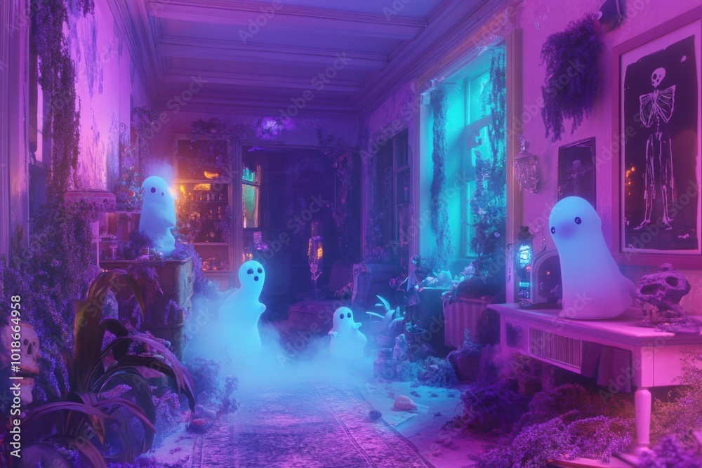 Friends embark on a magical adventure through a ghostly, enchanted hallway at twilight Friends embark on a magical adventure through a ghostly, enchanted hallway at twilight