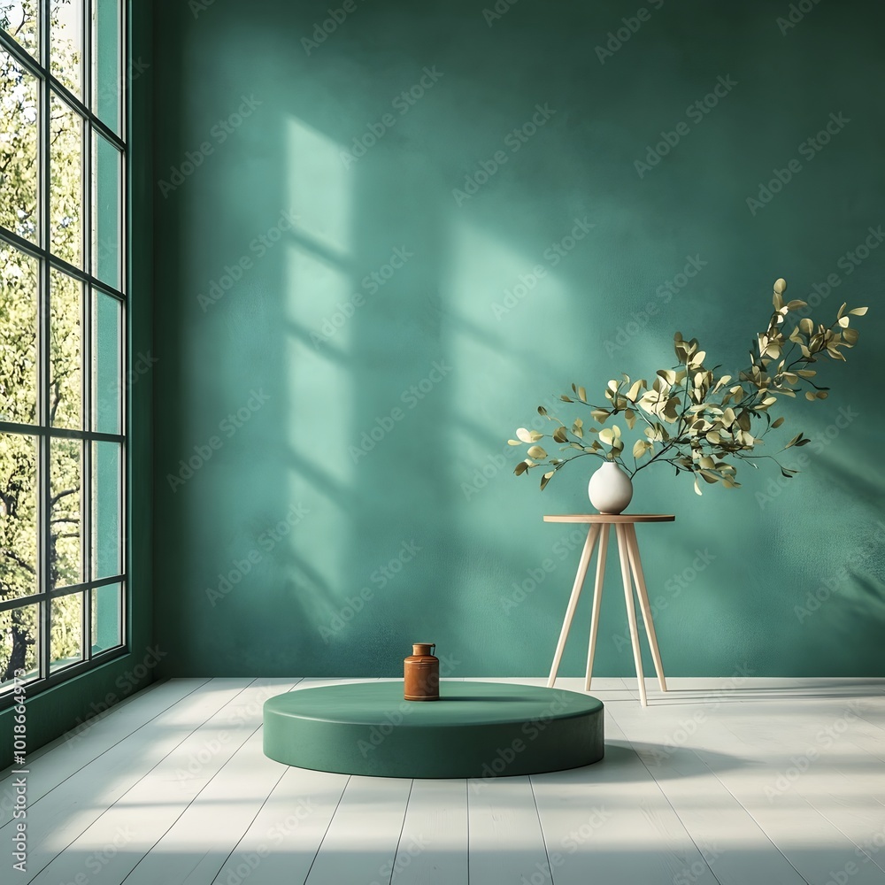 Minimalist 3D studio scene with a forest green background bare floor and wall and a centered product stand The window lighting casts a shadow creating a mockup design Minimalist 3D studio scene with a forest green background bare floor and wall and a centered product stand The window lighting casts a shadow creating a mockup design
