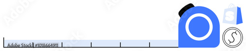 A blue tape measure, a shopping bag with a dollar sign, and a coin symbolize budgeting, finances, or construction. Ideal for financial planning, budgeting, shopping, construction, and home